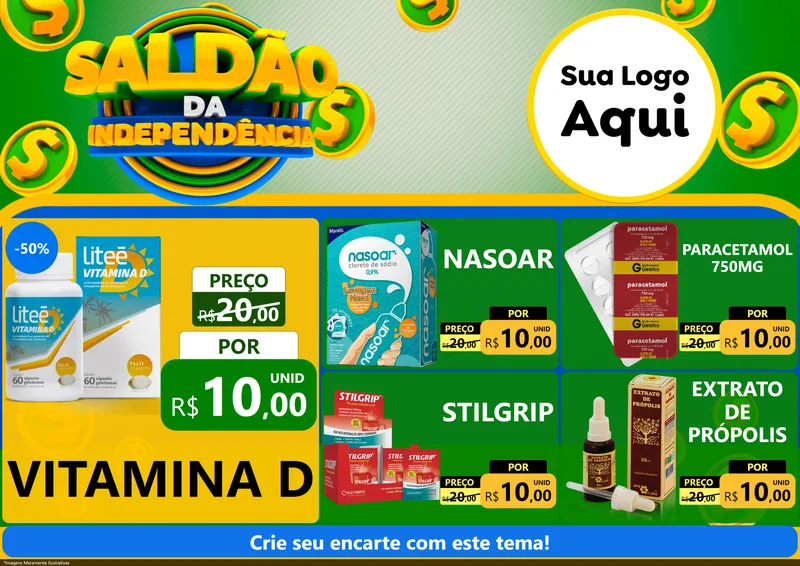 Modelo de Encarte para Encarte A4 Horizontal com o tema Saldão da Indepêndencia para Farmácia