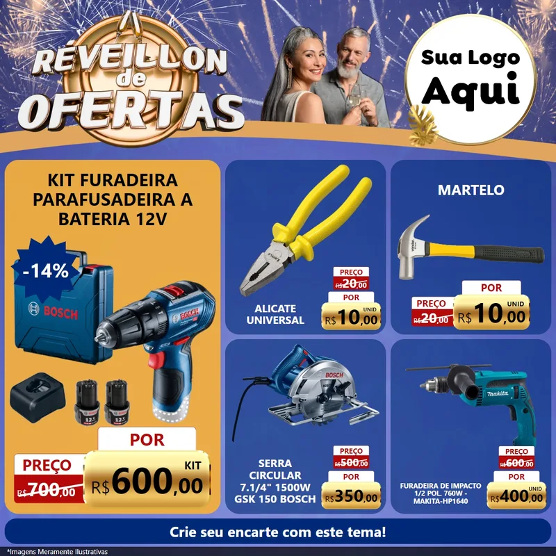Modelo de Rede Social para Feed Facebook com o tema Réveillon de Ofertas para Maquinas e Ferramentas