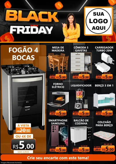 Modelo de Encarte para Encarte A4 Vertical com o tema Black Friday para Móveis e Eletro