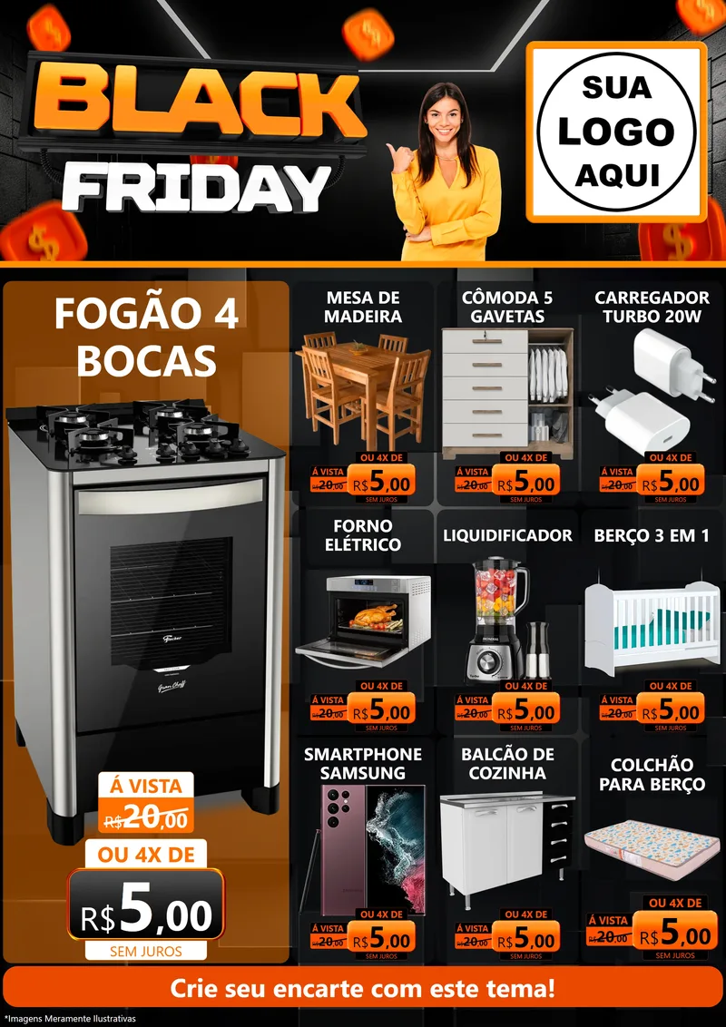 Modelo de Encarte para Encarte A4 Vertical com o tema Black Friday para Móveis e Eletro