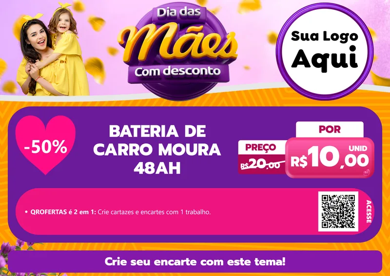 Modelo de Cartaz para Cartaz A4 Horizontal com o tema Dia das Mães com Desconto para Baterias Elétricas