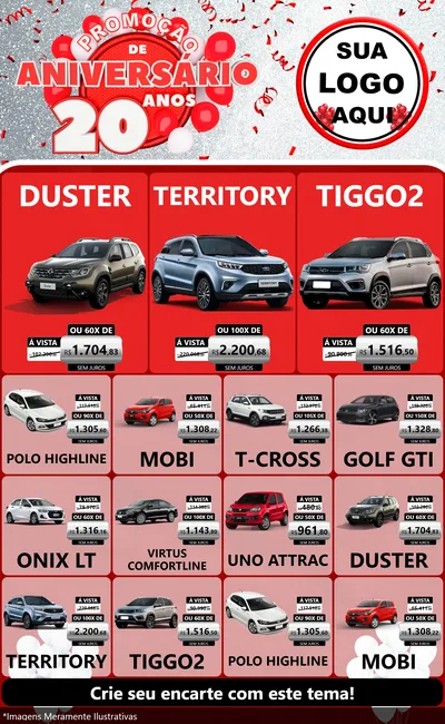 Modelo de Encarte para Encarte Grande com o tema Promoção de Aniversário - 20 Anos para Concessionaria de Carros