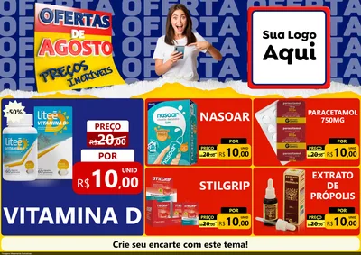 Modelo de Encarte para Encarte A4 Horizontal com o tema Ofertas de Agosto - Preços Incríveis para Farmácia