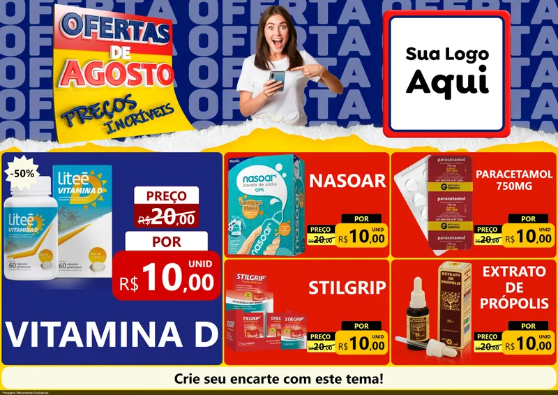 Modelo de Encarte para Encarte A4 Horizontal com o tema Ofertas de Agosto - Preços Incríveis para Farmácia