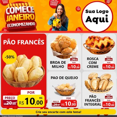 Modelo de Rede Social para Feed Facebook com o tema Comece Janeiro Economizando para Padaria
