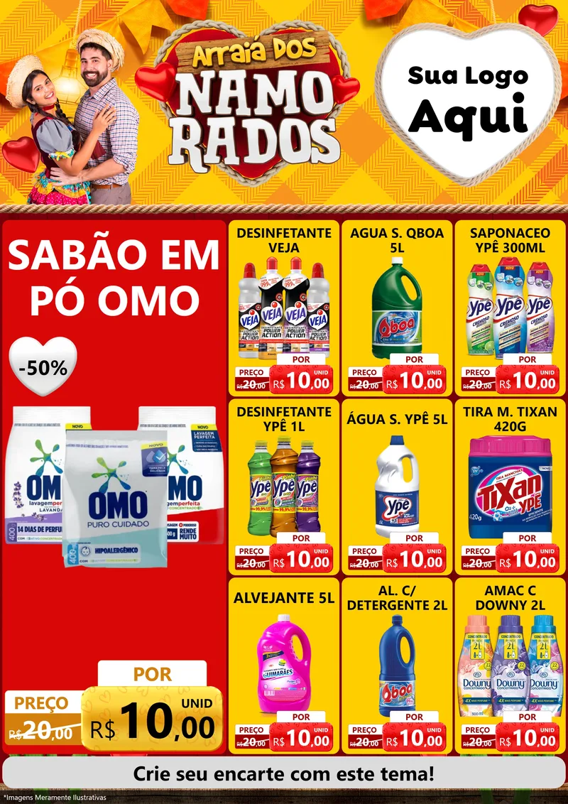 Modelo de Encarte para Encarte A4 Vertical com o tema Arraiá dos Namorados para Produtos de Limpeza