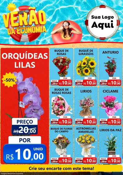 Modelo de Encarte para Encarte A4 Vertical com o tema Verão da Economia para Floricultura e jardim