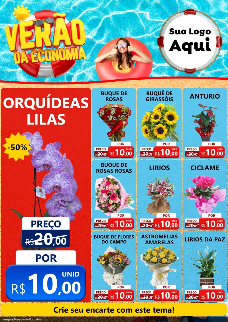 Modelo de Encarte para Encarte A4 Vertical com o tema Verão da Economia para Floricultura e jardim