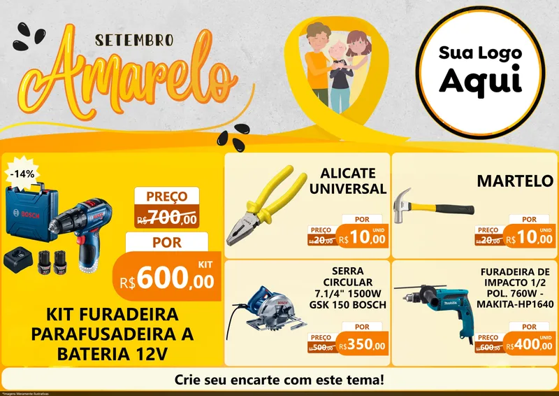 Modelo de Encarte para Encarte A4 Horizontal com o tema Setembro Amarelo para Maquinas e Ferramentas