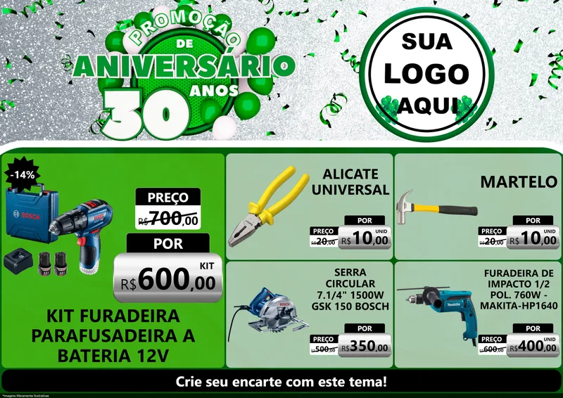 Modelo de Encarte para Encarte A4 Horizontal com o tema Promoção de Aniversário - 30 Anos para Maquinas e Ferramentas
