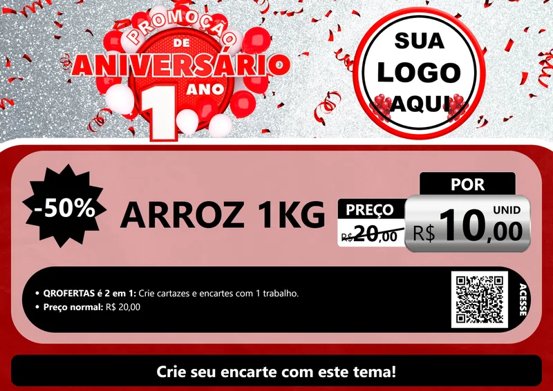 Modelo de Cartaz para Cartaz A4 Horizontal com o tema Promoção de Aniversário - 1 Ano para Supermercado