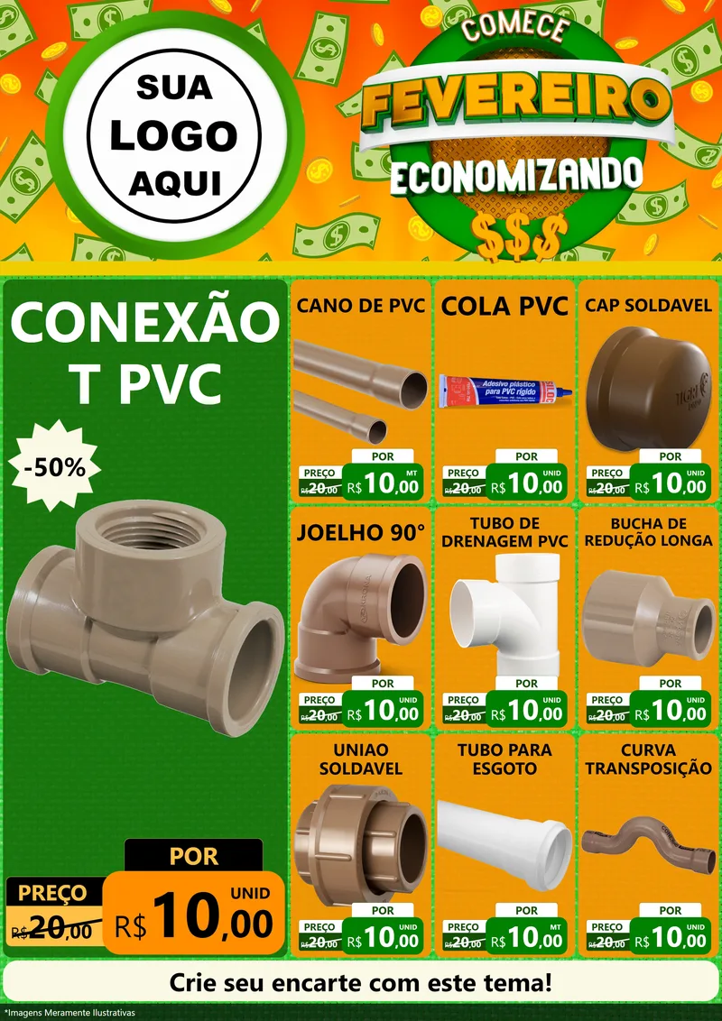Modelo de Encarte para Encarte A4 Vertical com o tema Comece Fevereiro Economizando para Tubos e conexões