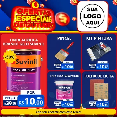 Modelo de Rede Social para Feed Facebook com o tema Ofertas Especiais de Outubro para Tintas e Ferramentas