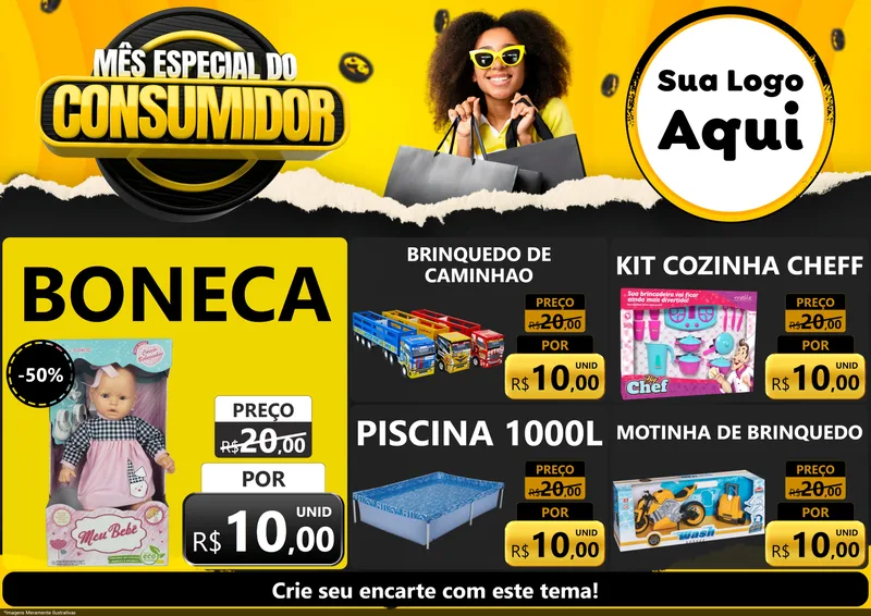 Modelo de Encarte para Encarte A4 Horizontal com o tema Mês Especial do Consumidor para Brinquedos