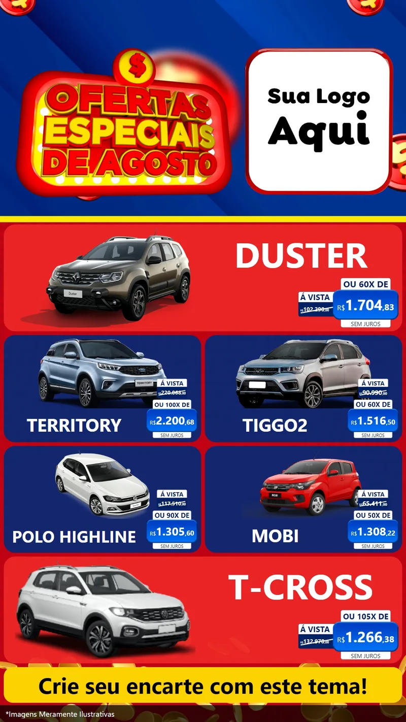 Modelo de TV para TV Vertical com o tema Ofertas Especiais de Agosto para Concessionaria de Carros