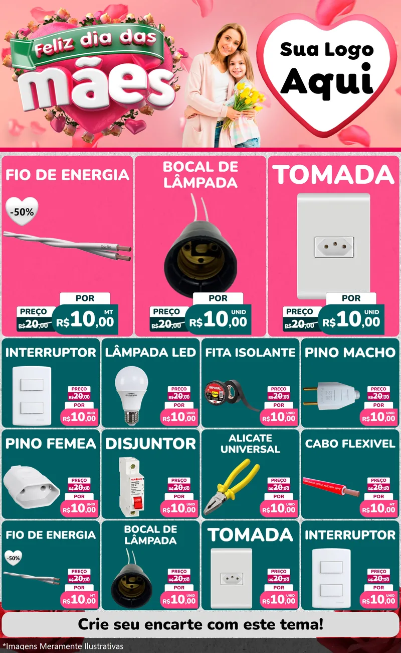 Modelo de Encarte para Encarte Grande com o tema Feliz Dia das Mães para Materiais Elétricos