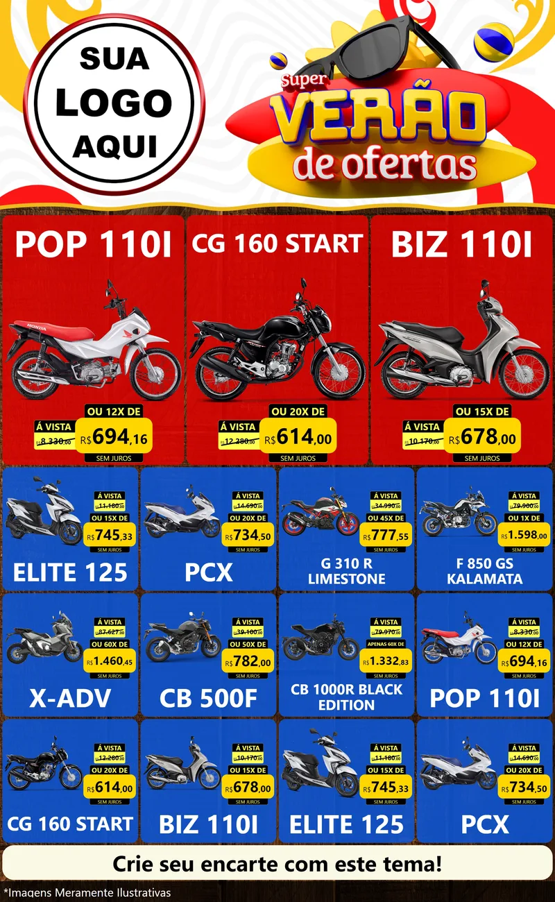 Modelo de Encarte para Encarte Grande com o tema Super Verão de Ofertas para Concessionaria de Motos