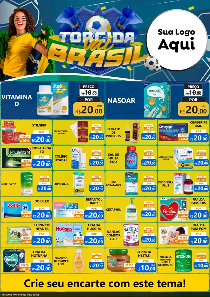 Modelo de Encarte para Encarte A4 Vertical com o tema Torcida Vai Brasil - Copa para Farmácia