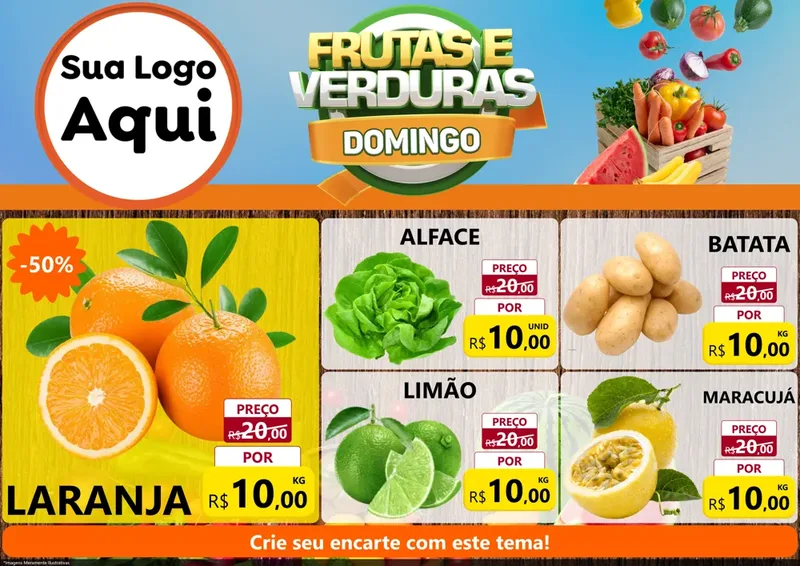 Modelo de Encarte para Encarte A4 Horizontal com o tema Frutas e Verduras Domingo para Hortifrúti