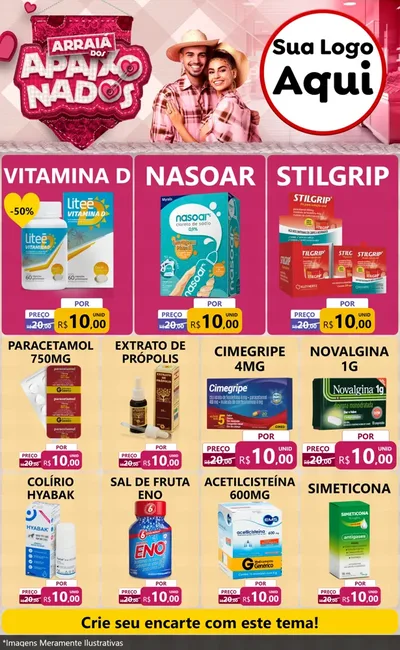 Modelo de Encarte para Encarte Grande com o tema Arraiá dos Apaixonados - Junina para Farmácia