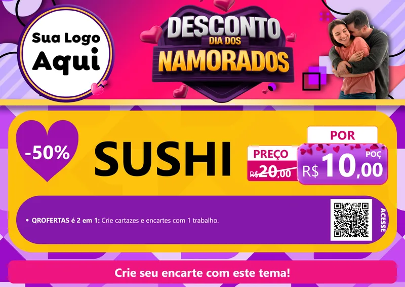 Modelo de Cartaz para Cartaz A4 Horizontal com o tema Desconto Dia dos Namorados para Comida japonesa