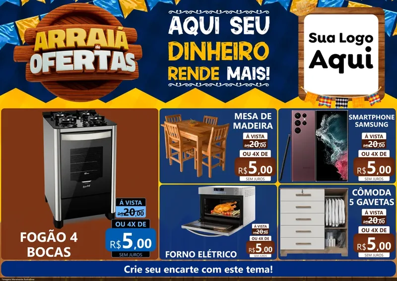 Modelo de Encarte para Encarte A4 Horizontal com o tema Arraiá de Ofertas - Junina para Móveis e Eletro