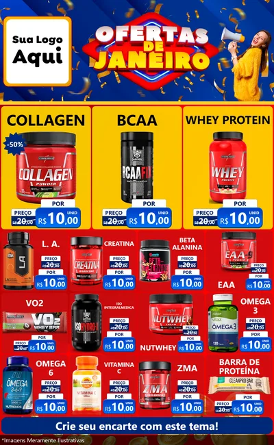 Modelo de Encarte para Encarte Grande com o tema Ofertas de Janeiro para Suplementos alimentares