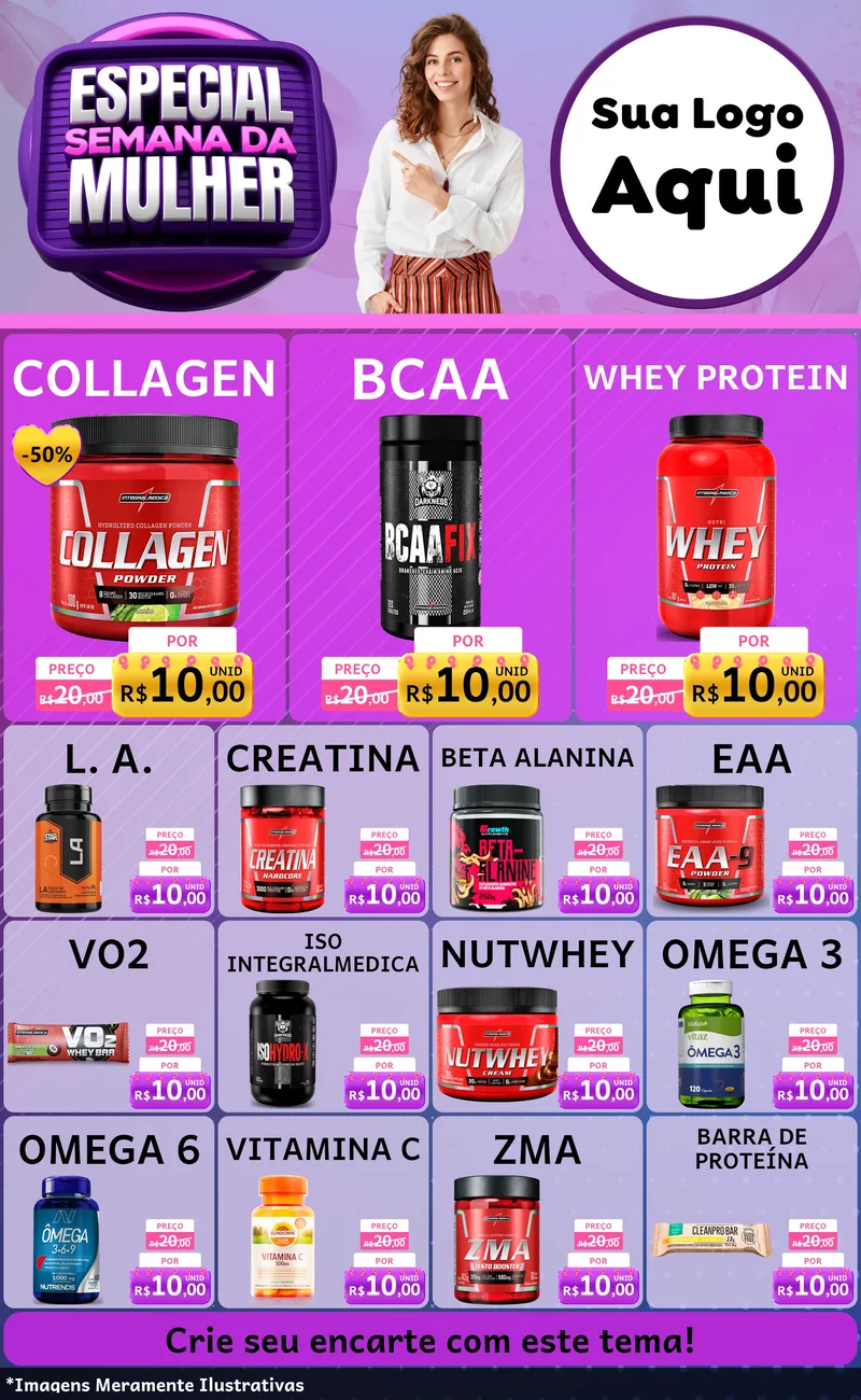 Modelo de Encarte para Encarte Grande com o tema Especial Semana da Mulher para Suplementos alimentares