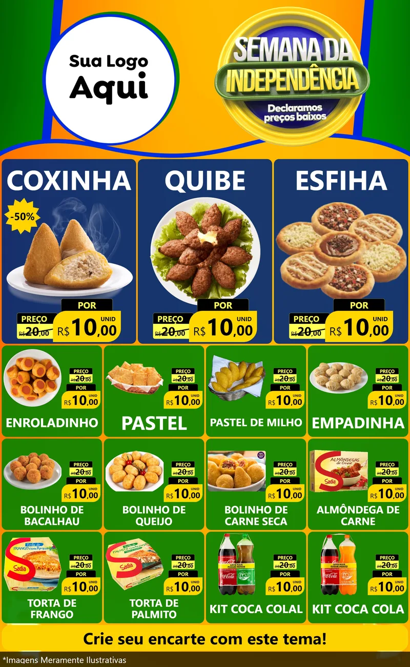 Modelo de Encarte para Encarte Grande com o tema Semana da Independência Declaramos Preços Baixos para Salgadaria