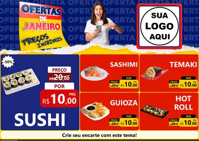 Modelo de Encarte para Encarte A4 Horizontal com o tema Ofertas de Janeiro - Preços Incríveis para Comida japonesa