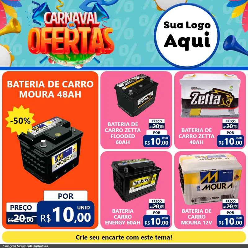Modelo de Rede Social para Feed Facebook com o tema Carnaval de Ofertas para Baterias Elétricas