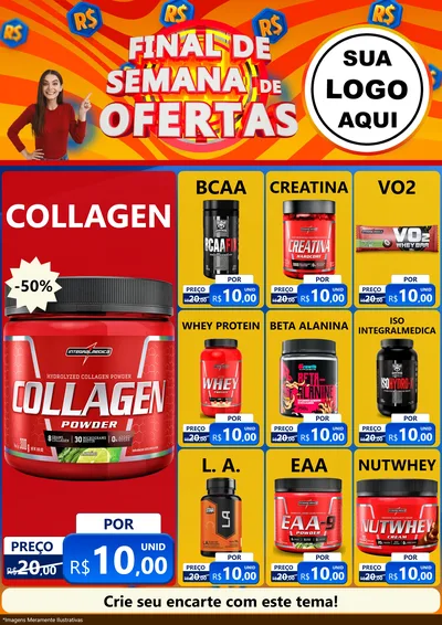 Modelo de Encarte para Encarte A4 Vertical com o tema Final de Semana de Ofertas para Suplementos alimentares