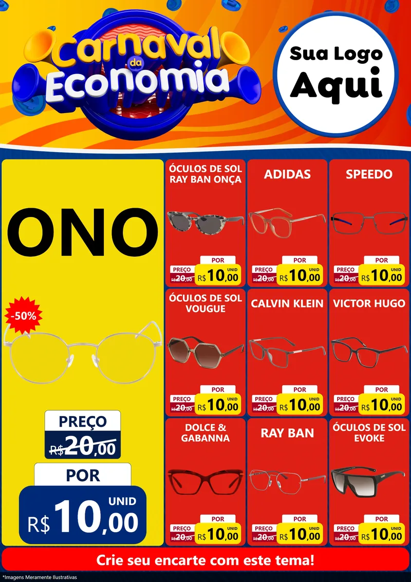 Modelo de Encarte para Encarte A4 Vertical com o tema Carnaval da Economia para Óticas