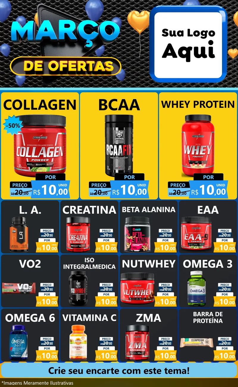 Modelo de Encarte para Encarte Grande com o tema Março de Ofertas para Suplementos alimentares