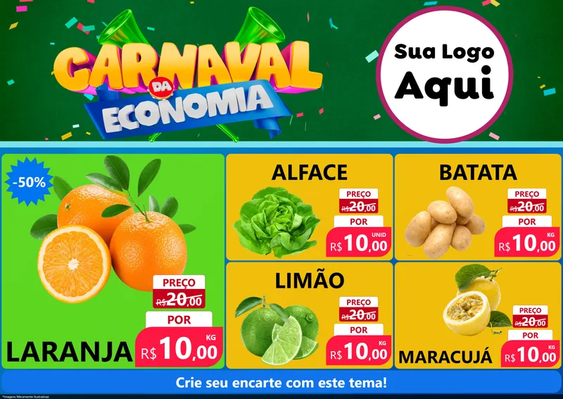 Modelo de Encarte para Encarte A4 Horizontal com o tema Carnaval da Economia para Hortifrúti