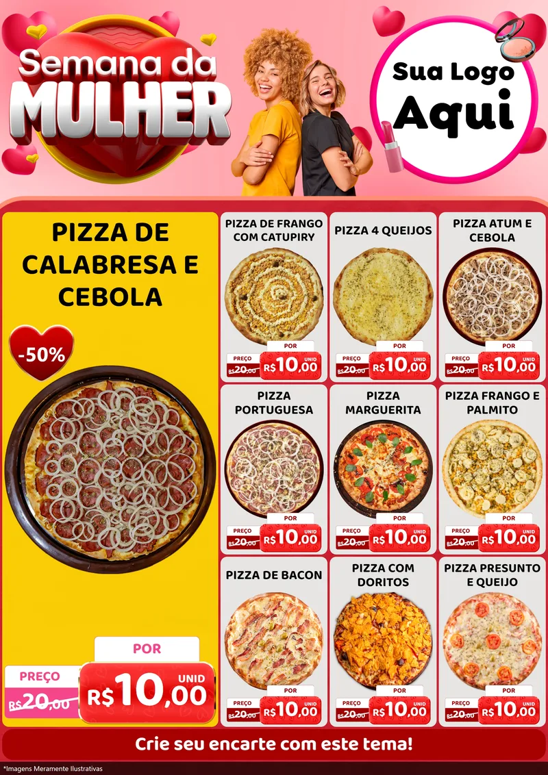 Modelo de Encarte para Encarte A4 Vertical com o tema Semana da Mulher para Pizzaria