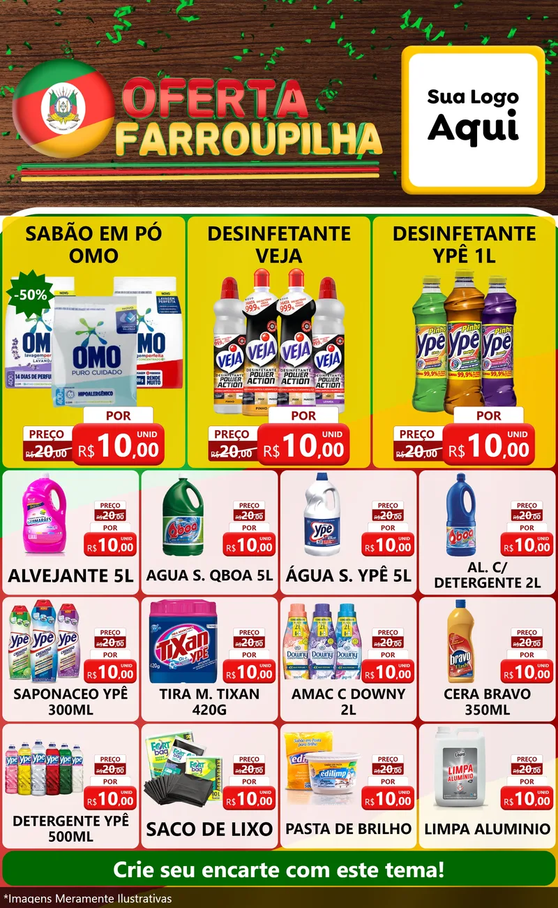 Modelo de Encarte para Encarte Grande com o tema Oferta Farroupilha para Produtos de Limpeza