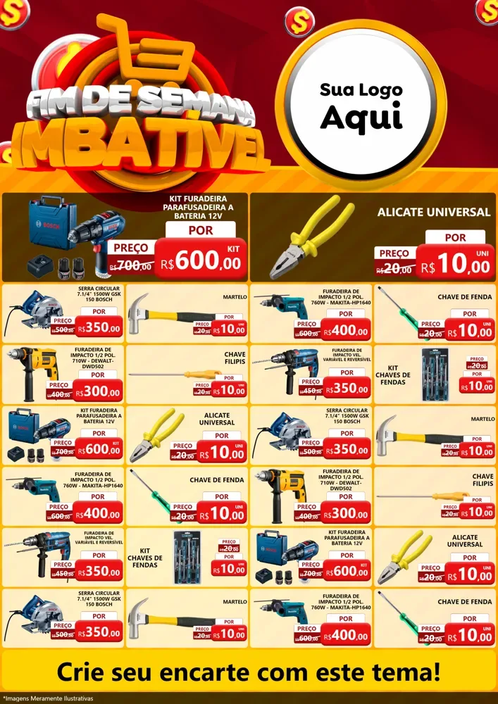 Modelo de Encarte para Encarte A4 Vertical com o tema Fim de Semana Imbatível para Maquinas e Ferramentas