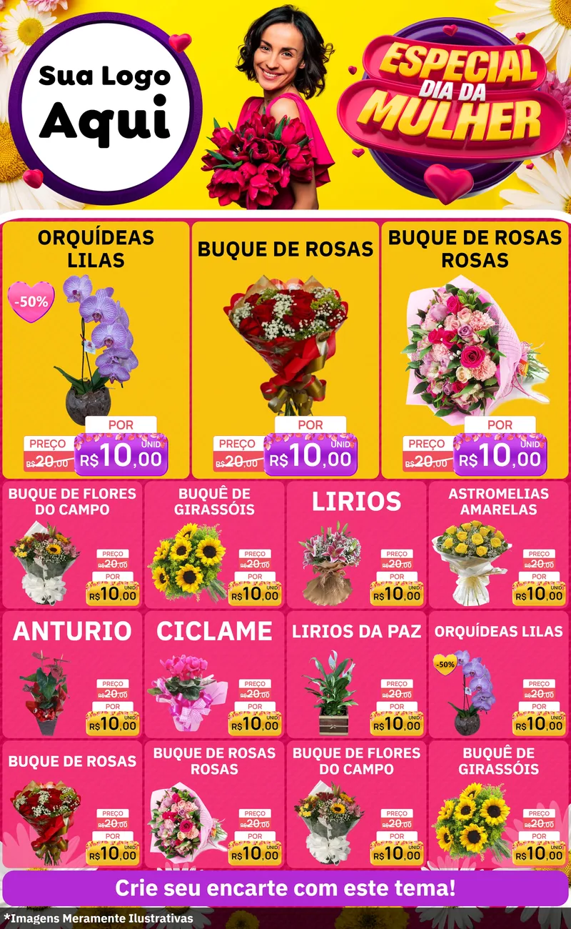 Modelo de Encarte para Encarte Grande com o tema Especial Dia da Mulher para Floricultura e jardim