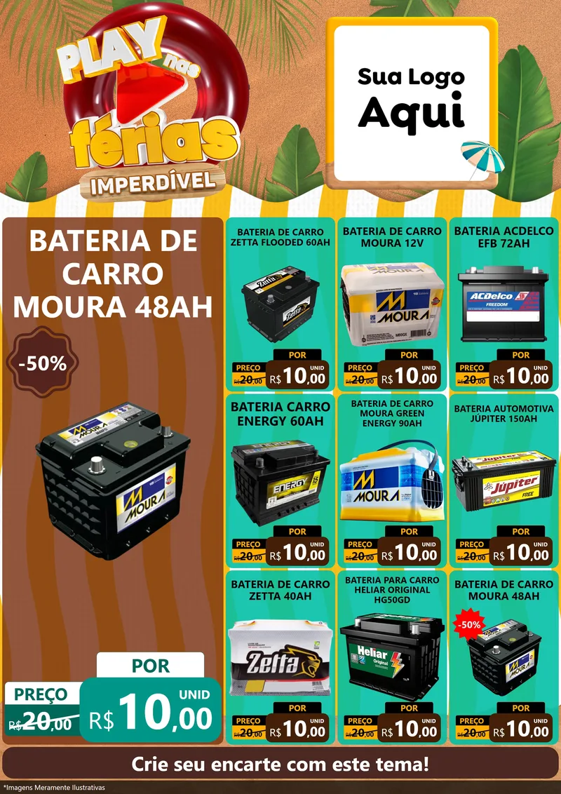 Modelo de Encarte para Encarte A4 Vertical com o tema Play Nas Férias Imperdível para Baterias Elétricas