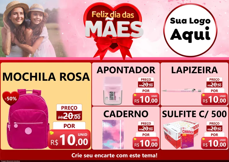 Modelo de Encarte para Encarte A4 Horizontal com o tema Feliz Dia Das Mães para Papelaria