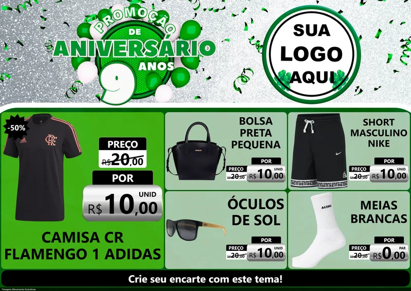 Modelo de Encarte para Encarte A4 Horizontal com o tema Promoção de Aniversário - 9 Anos para Roupas e acessórios