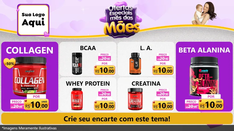 Modelo de TV para TV Horizontal com o tema Ofertas Especiais - Mês das Mães para Suplementos alimentares