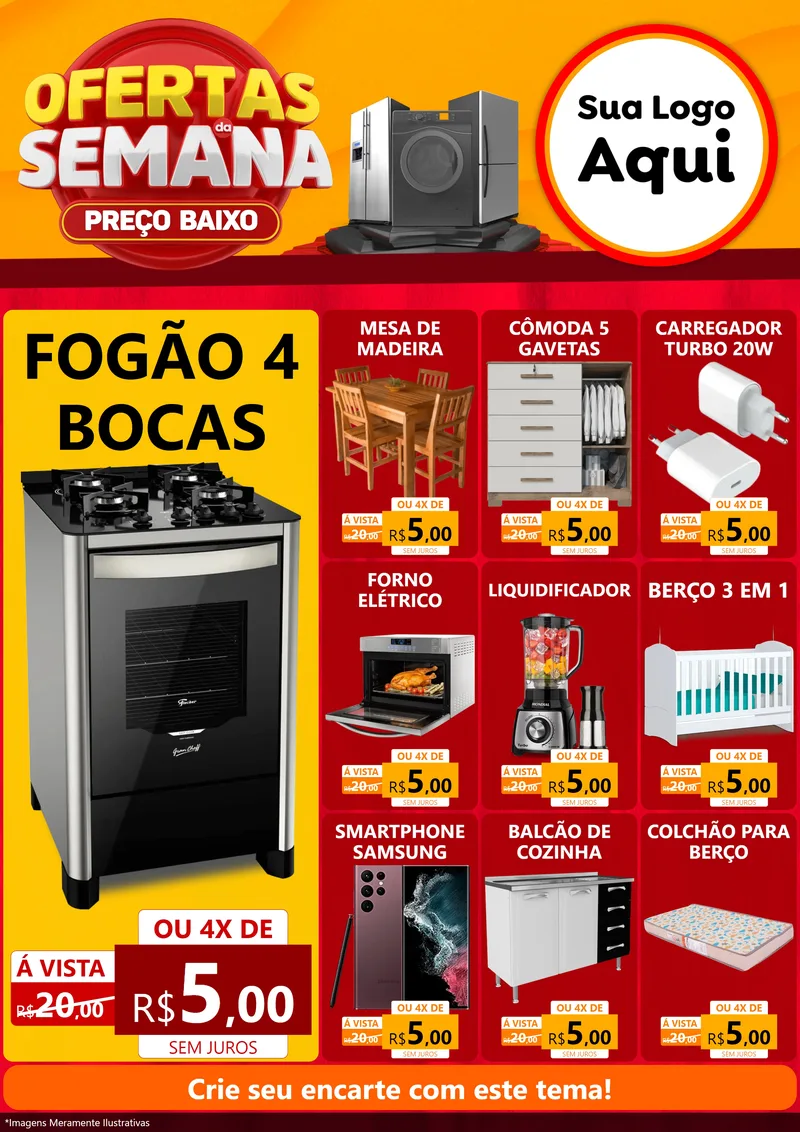 Modelo de Encarte para Encarte A4 Vertical com o tema Ofertas Da Semana - Preço Baixo para Móveis e Eletro