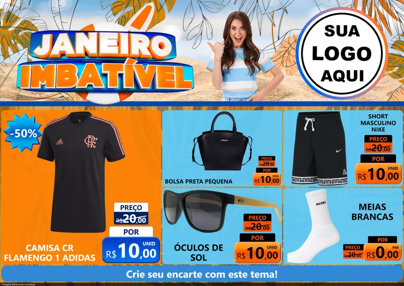 Modelo de Encarte para Encarte A4 Horizontal com o tema Janeiro Imbatível para Roupas e acessórios