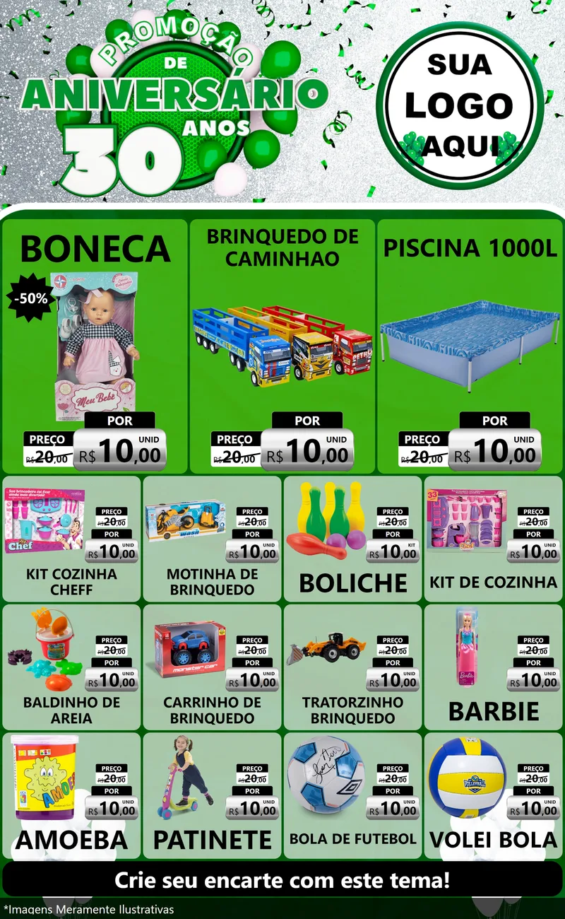Modelo de Encarte para Encarte Grande com o tema Promoção de Aniversário - 30 Anos para Brinquedos