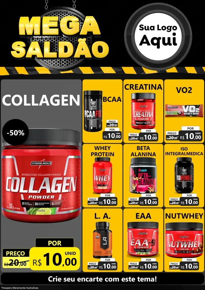 Modelo de Encarte para Encarte A4 Vertical com o tema Mega Saldão para Suplementos alimentares