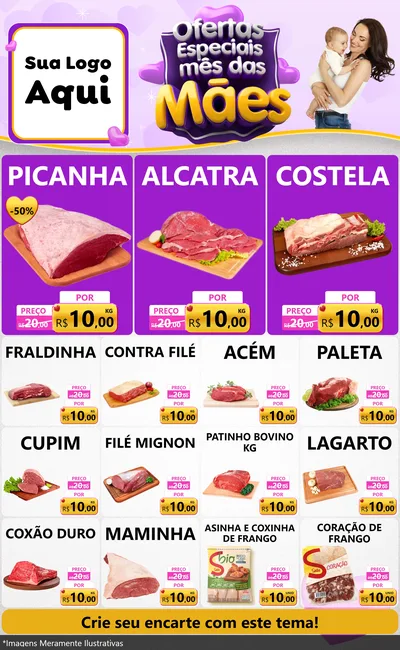 Modelo de Encarte para Encarte Grande com o tema Ofertas Especiais - Mês das Mães para Açougue