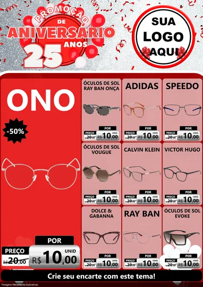 Modelo de Encarte para Encarte A4 Vertical com o tema Promoção de Aniversário - 25Anos para Óticas