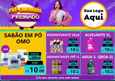 Modelo de Encarte para Encarte A4 Horizontal com o tema Pré-Carnaval Premiado para Produtos de Limpeza